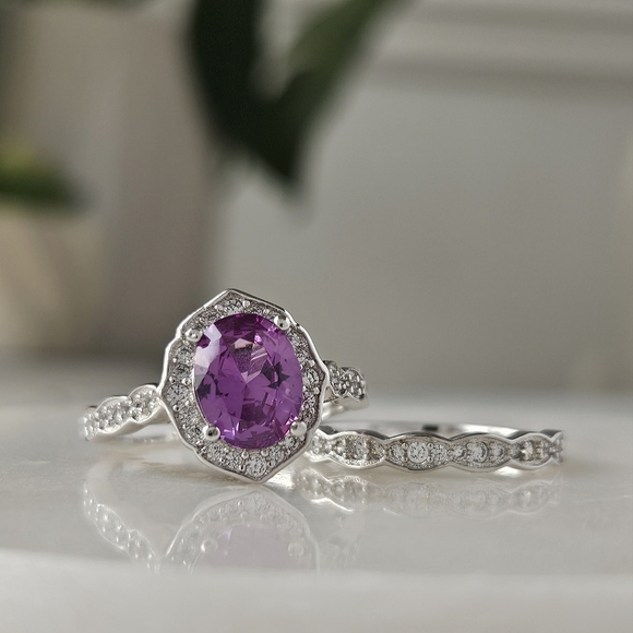 Purple Amethyst gemstone ring set, 925 Sterling Silver - Picture 2 of 9